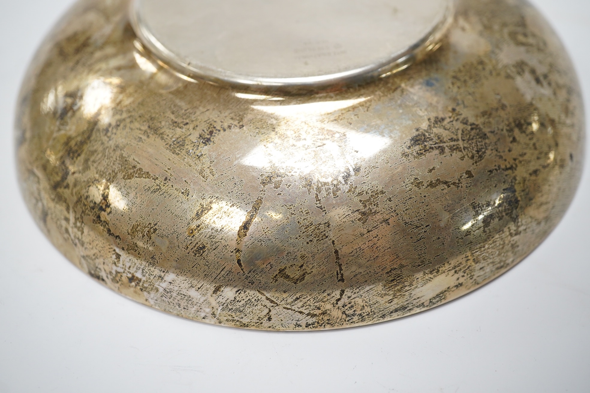 A sterling presentation circular dish, inscribed, 15.2cm, 4.2oz. Condition - fair
